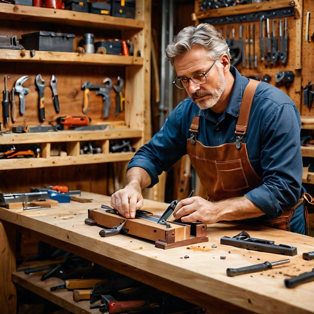 A skilled craftsman demonstrating secure clamping techniques using various high-end clamps on a beautifully crafted wooden project. The scene is warmly lit, showcasing detailed textures of the wood and tools, with a backdrop of a well-organized workshop filled with tools and materials. Include dynamic angles that convey the precision and focus of craftsmanship. super-realistic. warm tones. workshop background.