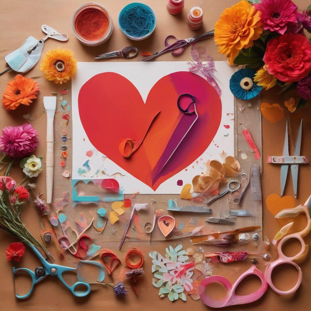A vibrant collage showcasing various love-themed DIY tools including heart-shaped scissors, floral-patterned tape, and colorful paintbrushes, all set against a backdrop of a cozy workshop filled with warm lighting. Incorporate elements like love letters and handmade cards scattered around to enhance the creative atmosphere. super-realistic. vibrant colors. cozy ambiance.