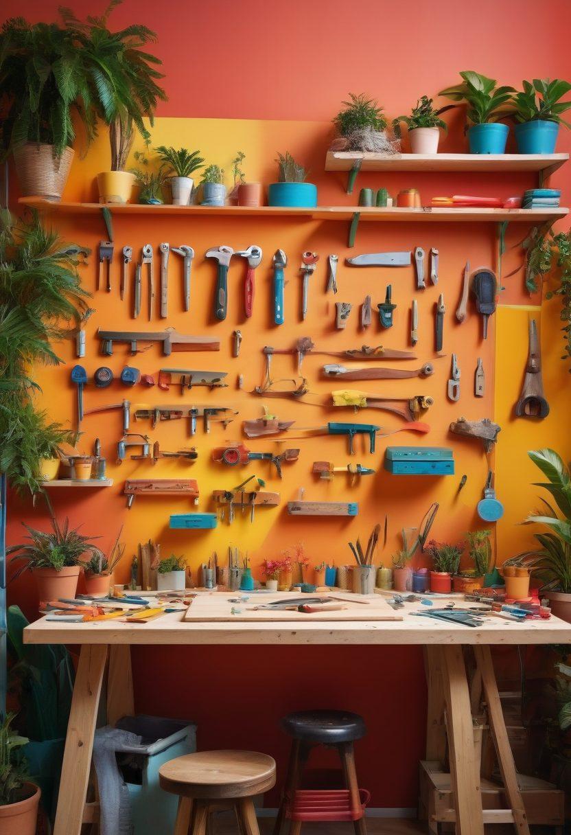 A vibrant and engaging workspace filled with various clamping tools, showcasing a variety of DIY projects in progress. Include a colorful backdrop with scattered wood pieces, vibrant paints, and a creative touch of nature like potted plants. Emphasize the diversity of tools designed for different types of projects, evoking a sense of enthusiasm and creativity. super-realistic. vibrant colors. warm lighting.
